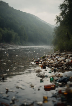 Polluted river with garbage, plastic, glass and other garbage in the mountainsの素材