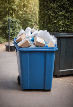 Recycling bin with garbage in the park. Selective focus.の素材