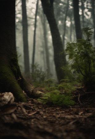 Foggy dark forest with tree roots and ferns.の素材