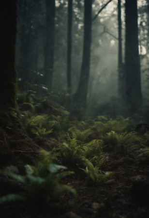 Mysterious dark forest with ferns, moss and fogの素材