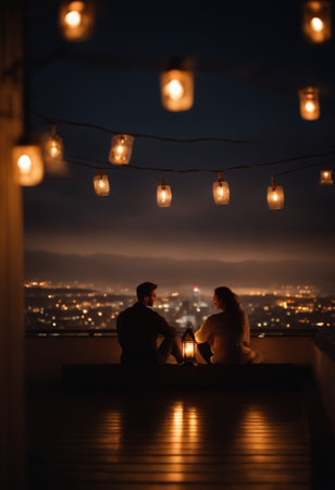 Wedding couple sitting on the terrace at night with lightsの素材