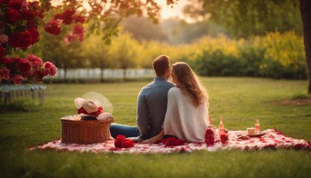 Couple in love sitting on the grass in the park and having picnicの素材