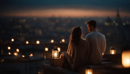 Romantic couple sitting on the terrace and looking at the cityの素材