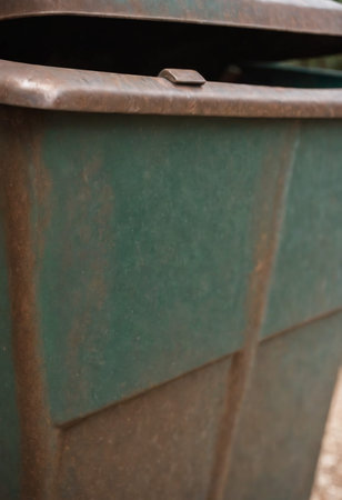 Close-up of a green trash can in the park. Selective focus.の素材