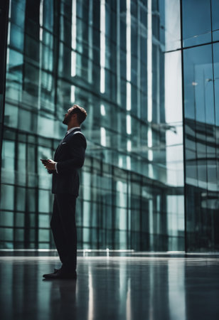 Businessman standing in front of a modern office building. Business concept.