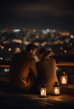 Romantic couple sitting on terrace with view on the city at nightの素材