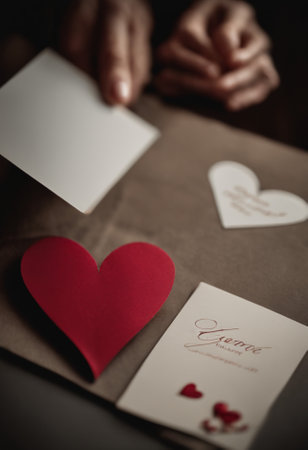 Valentine's day card with red heart on wooden table.の素材