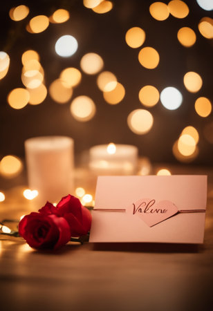 Valentines day greeting card with red rose and candles on bokeh backgroundの素材