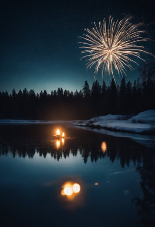 Beautiful firework in the night sky over the forest lake.の素材