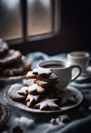 Homemade gingerbread cookies on a plate with cup of coffee.の素材