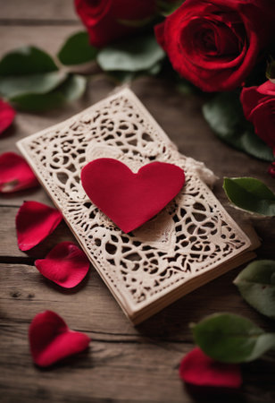 Valentine's Day background with red rose and heart on wooden tableの素材