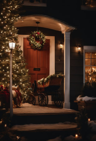 Wooden door with christmas tree and santa claus sleighの素材