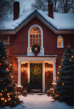 Christmas tree in front of a red wooden house decorated with Christmas wreathの素材