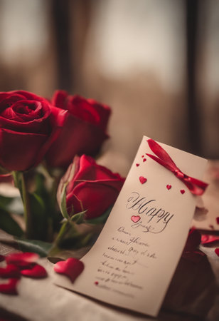 Valentines day greeting card with red roses on the table.の素材