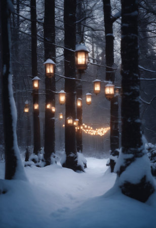 Lanterns in a snowy forest at night in winter.の素材