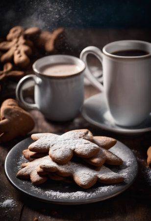 Homemade gingerbread cookies with icing sugar and cup of coffee on wooden backgroundの素材