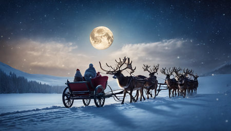 Santa Claus with reindeer sleigh pulled by his team at night.の素材