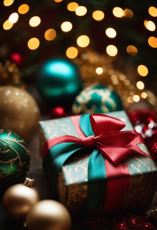 Christmas gifts and ornaments on wooden background with bokehの素材