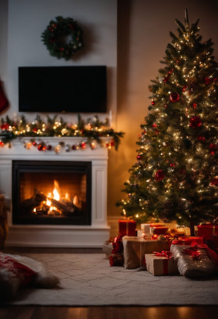 Christmas tree with gifts by the fireplace in the living room at homeの素材