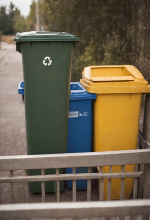 Garbage bins on the street. Green, yellow and blue trash canの素材