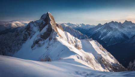 Panoramic view of snow-capped mountains in the morning.の素材