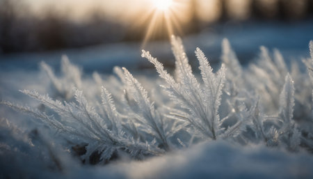 Frosted grass in the sunlight. Winter background. Shallow depth of fieldの素材