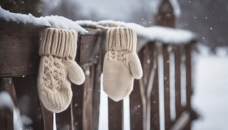 Warm knitted mittens on a wooden fence in the snowの素材