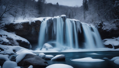 Beautiful winter waterfall in the mountains. Blue toned picture.の素材