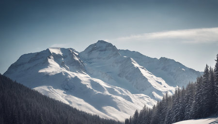 Winter mountains panorama with snow covered fir trees and blue sky.の素材