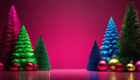 Christmas tree and decorations on a pink background. 3d rendering.の素材