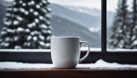 Coffee cup on wooden table in front of window with winter landscapeの素材