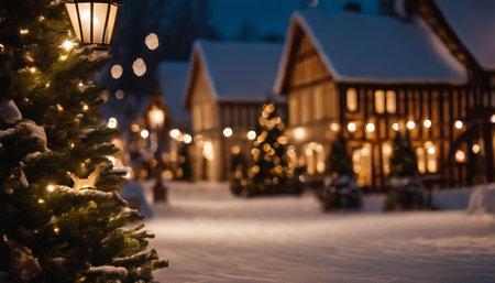 Christmas tree with lights on the background of wooden houses in the village.の素材