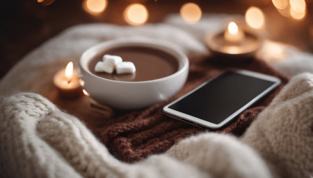 Cozy winter composition with a cup of hot chocolate almonds and a smartphone.の素材