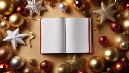 Top view of open notebook with blank pages on Christmas decorations backgroundの素材