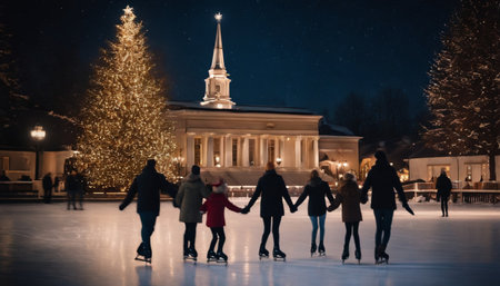 Group of people skating on ice rink at night. Winter time.の素材