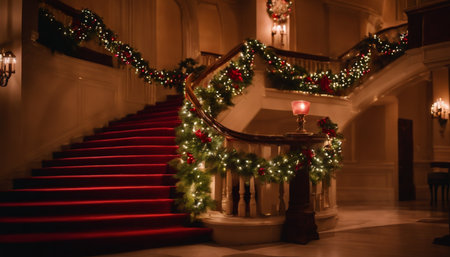 Stairs decorated for Christmas and New Year with lights and Christmas treeの素材