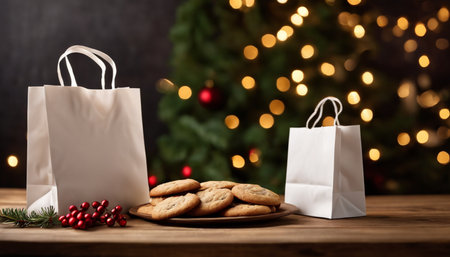 Plate with tasty cookies and paper bags on table against blurred Christmas lightsの素材