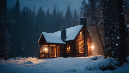Wooden house in the forest at night. Beautiful winter landscape.の素材