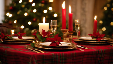 Christmas table setting with poinsettia and candles on blurred backgroundの素材