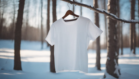 White t-shirt on a hanger in the winter forest.の素材