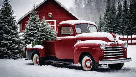 Old red pickup truck covered with snow in front of Christmas treeの素材