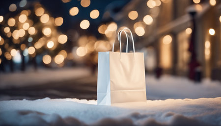 Paper shopping bags on snow with bokeh background. Christmas shopping concept.の素材