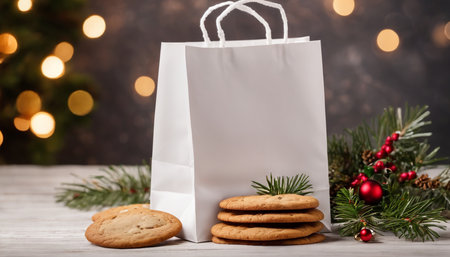 Christmas shopping bag with cookies on bokeh background, closeupの素材