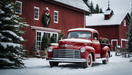 Vintage red car in front of a red barn with Christmas treeの素材