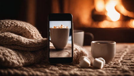 Smartphone with a picture of a cup of hot chocolate and marshmallows on the background of a burning fireplace.の素材