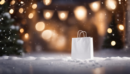 White paper shopping bag in snow with bokeh lights on backgroundの素材