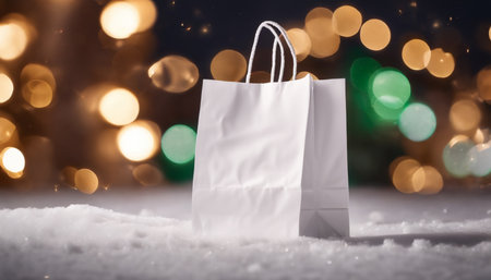 White paper shopping bag on snow with bokeh lights background.の素材