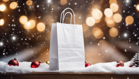 White paper shopping bag on snow with bokeh background. Christmas sale concept.の素材