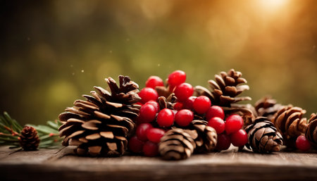 Pine cones and viburnum berries on a wooden table.の素材