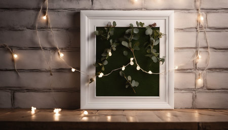 White frame with eucalyptus branches and garland on brick wall backgroundの素材